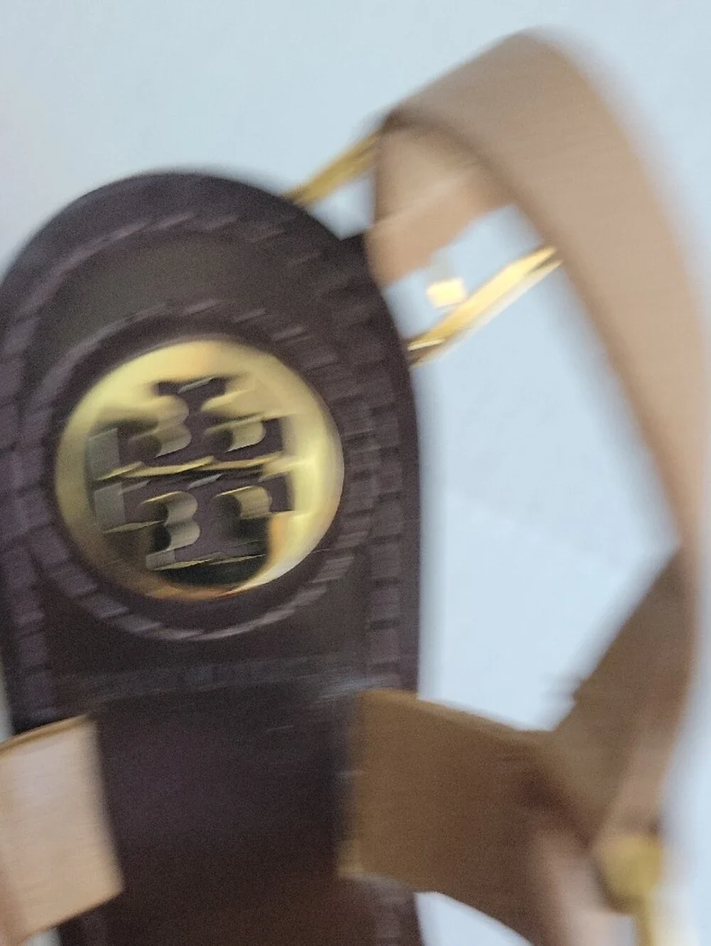Tory Burch Beige Leather T-Strap Sandals with Gold Logo